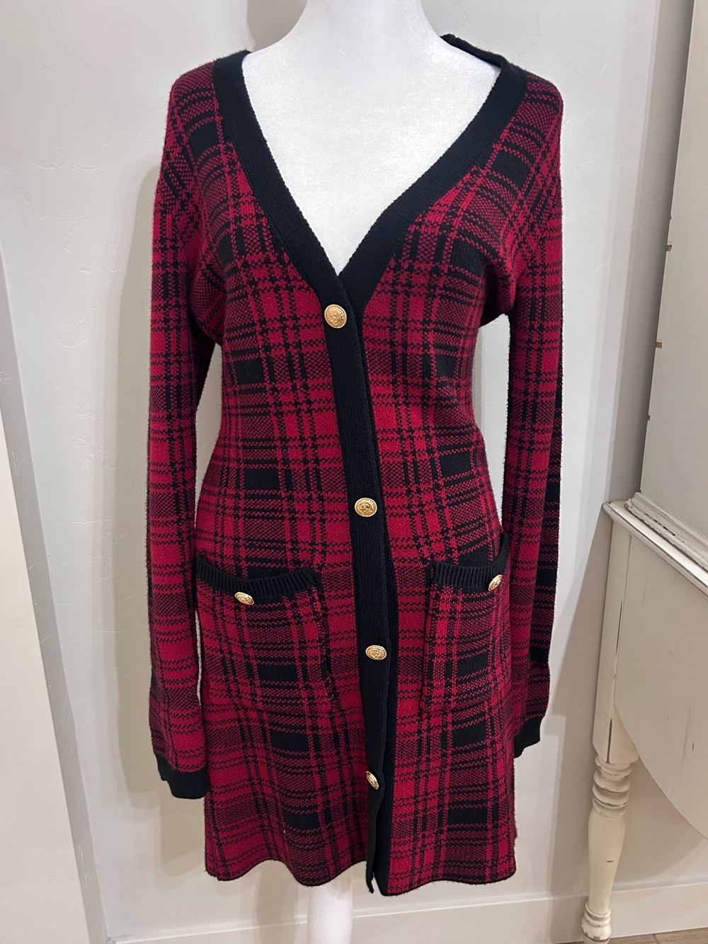 Red & Black Plaid Christmas  Knit Sweater Dress with Gold Buttons